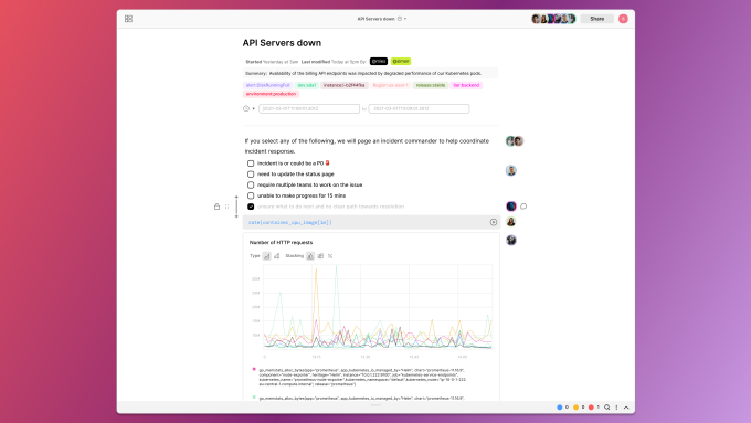 Cuaderno de respuesta a incidentes de Fiberplane con varios tipos de datos sobre el incidente.