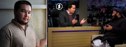 Mukhtar Lashkari fotografiado en Islamabad y, a la derecha, en 2019 durante su entrevista en su show semanal Cactus al ministro talibán de la Propagación de la Virtud y Prevención del Vicio entre 1996 y 2001, Mawlawi Qalamuddin.