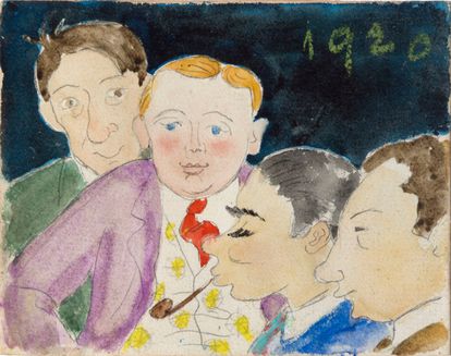 Caricatura de los cuatro amigos Enric Cristògfol Ricart, Joan Miró, Maria Espinal y Lluís Mercadé en un dibujo atribuido a Marian Espinal que habla de la relación entre ellos y el escritor en 1920.