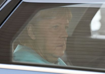Angela Merkel, a su llegada este domingo a la sede de la CDU en Berlín.