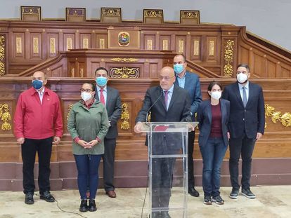 Jorge Rodríguez,, presidente de la Asamblea Nacional de Venezuela, anuncia la decisión de incorporar al empresario Alex Saab como delegado en la mesa de negociaciones con la oposición, el 14 de septiembre de 2021.