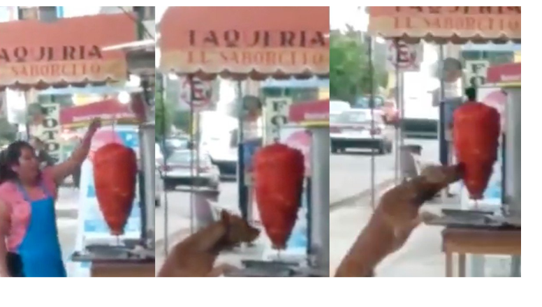 Perro muerde trompo de pastor; en taquería no hicieron nada por quitar la parte mordida