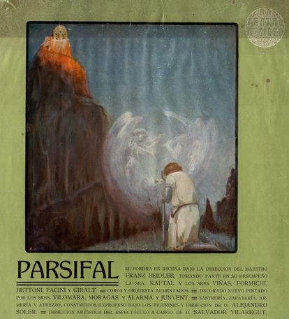 Cartel de la representación de 'Parisfal' en la Nochevieja de 1913 en el Liceo de Barcelona. Fue el primer teatro de Europa en representar la gran ópera wagneriana después de Bayreuth (en 1882).