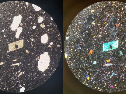 La imagen se corresponde con una lámina cortada de la lava de 3 milímetros de grosor vista con microscopio petrográfico. A la izquierda con un único pase de luz, a la derecha, doble.