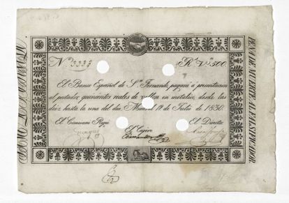Billete del Banco de San Fernando, de 1830, con el lema a la derecha "Pena de muerte al falsificador".