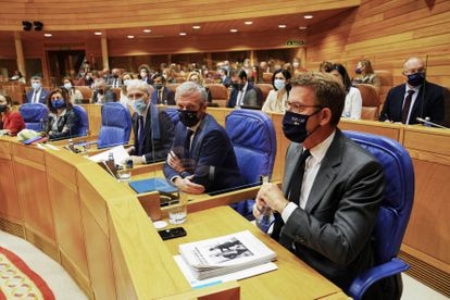 El presidente de la Xunta de Galicia, Alberto Núñez Feijóo, este miércoles durante el debate del Estado de la Autonomía de Galicia, en el Parlamento gallego.