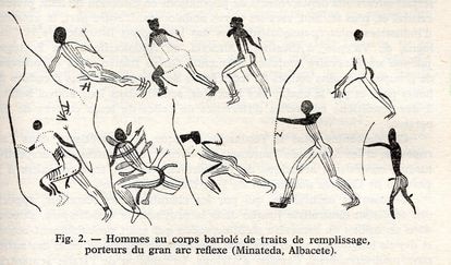 Calcos de figuras de arqueros pertenecientes al Abrigo Grande de Minateda, realizados por Breuil en 1920.