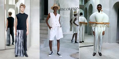 Tres modelos de las firmas Escorpion, Eñaut y Álvaro Calafat en Barcelona 080 Fashion Week celebrada en octubre de 2021.