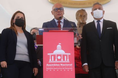 El presidente del Parlamento de Venezuela, Jorge Rodríguez, en una rueda de prensa este miércoles, en Caracas.