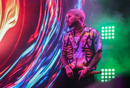 Rauw Alejandro en un momento de su concierto en el Palacio de Vistalegre de Madrid.