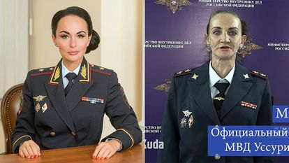 En la izquierda, la portavoz oficial del Ministerio del Interior de Rusia, Irina Volk. En la derecha, 'sketch' del canal Barakuda donde imitan a Volk.