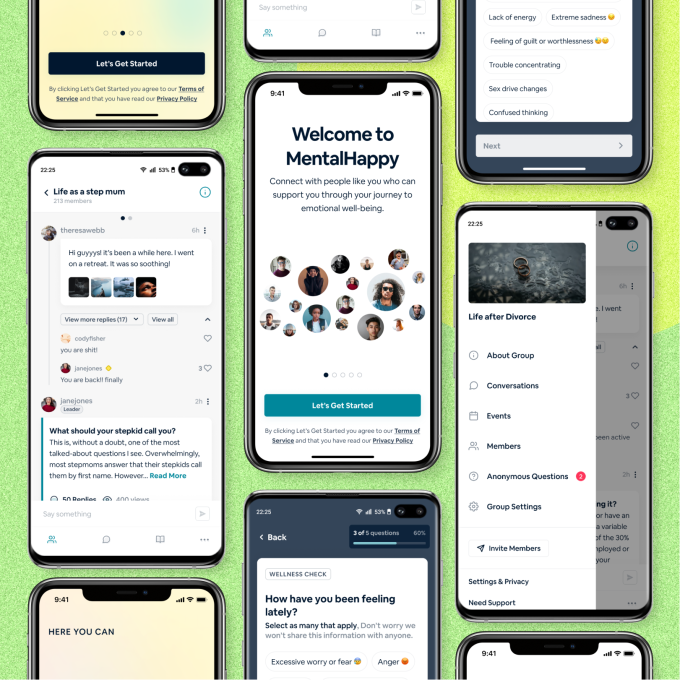 Capturas de pantalla de la aplicación y la interfaz MentalHappy