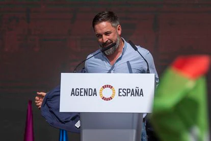 Santiago Abascal en el acto de Vox en Madrid este domingo.