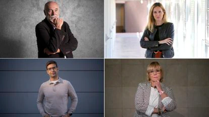 Cuatro de los siete profesionales de la salud mental que han participado en este reportaje retratados esta semana. De izquierda a derecha y de arriba a abajo: Víctor Pérez, jefe de Psiquiatría del Hospital del Mar de Barcelona; Mireia Orgilés, psicóloga infantil en la Universidad Miguel Hernández de Elche; Juan Antequera, psicólogo clínico de la sanidad pública madrileña y Sacramento Barba, terapeuta de pareja en la Fundación Atyme (Madrid).  / MASSIMILIANO MINOCRI /JOAQUÍN DE HARO RODRÍGUEZ / OLMO CALVO 
