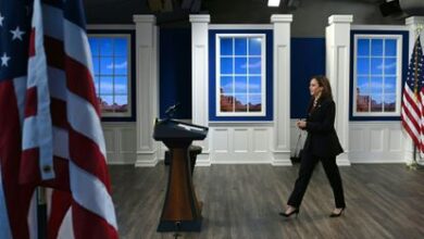 La vicepresidenta Kamala Harris en el Auditorio de la Corte del Sur en el Edificio de la Oficina Ejecutiva de Eisenhower en la Casa Blanca.