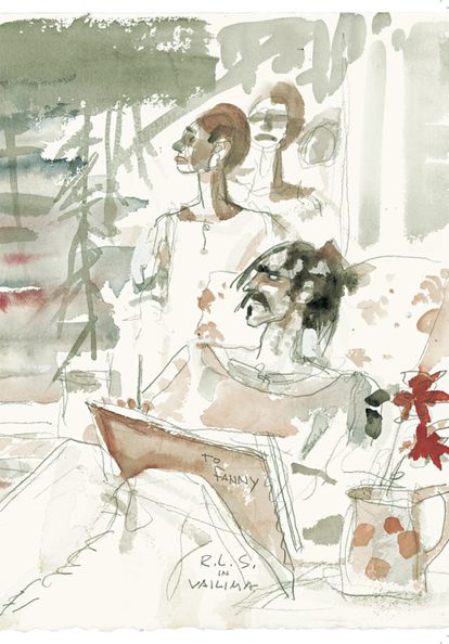 Acuarela de Hugo Pratt del libro 'Una cita pendiente' que retrata a Robert L. Stevenson.