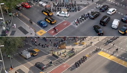 Antes y después de la actuación para hacer un entorno escolar seguro en el Colegio Lestonnac, en Barcelona.