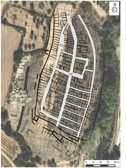 Imagen compuesta de  la trama urbana hipotética sobre ortofotografía del Institut Cartogràfic i Geogràfic de Catalunya.