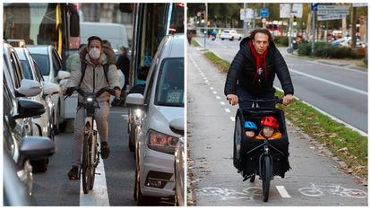 A la izquierda, un ciclista circula por la Gran Vía de Madrid el pasado viernes. Al lado, un padre lleva a sus dos hijos por un carril bici de Barcelona. VÍCTOR SAINZ / CRISTÓBAL CASTRO