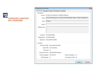 Propiedades del documento del pliego técnico del Consorci Sanitari del Maresme en el que figura como autor Gruparpa, matriz de Arbitrade SA, la firma que ganó el concurso. 