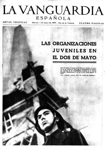 Portada de 'La Vanguardia' del 4 de mayo de 1939, con un joven Antoni Tàpies de 15 años con uniforme de falangista.