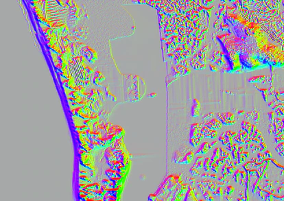 Modelado 3D en el que se aprecia la punta del Boquerón de San Fernando (Cádiz) y la estructura rectangular del posible templo de Melqart sumergida en la canal del Caño de Sancti Petri.