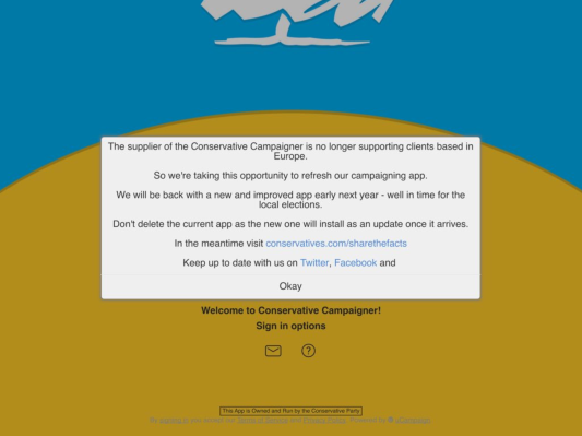 La herramienta de campaña proporcionada al partido gobernante del Reino Unido por el desarrollador de la aplicación Trump-Pence fue retirada silenciosamente de servicio, gracias a GDPR