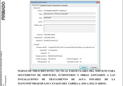 Propiedades del documento del pliego técnico de un contrato de la Mancomunidad de los Canales del Taibilla en el que figura como autor Grusamar, la firma que finalmente ganó la adjudicación. 