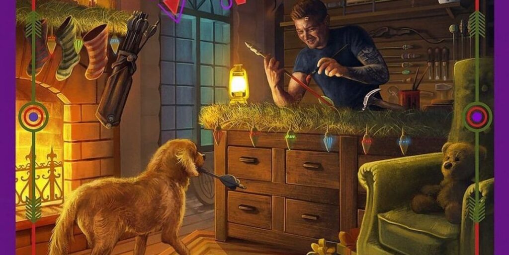 Tarjeta navideña de Hawkeye que muestra a Clint y Lucky Building Arrows en un taller