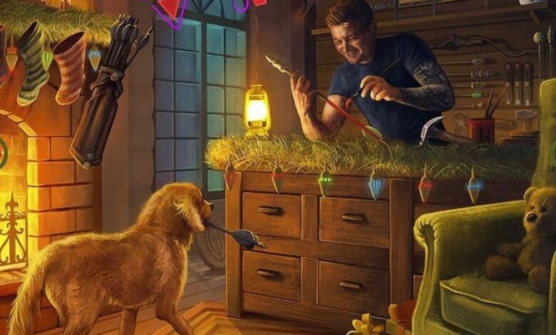 Tarjeta navideña de Hawkeye que muestra a Clint y Lucky Building Arrows en un taller
