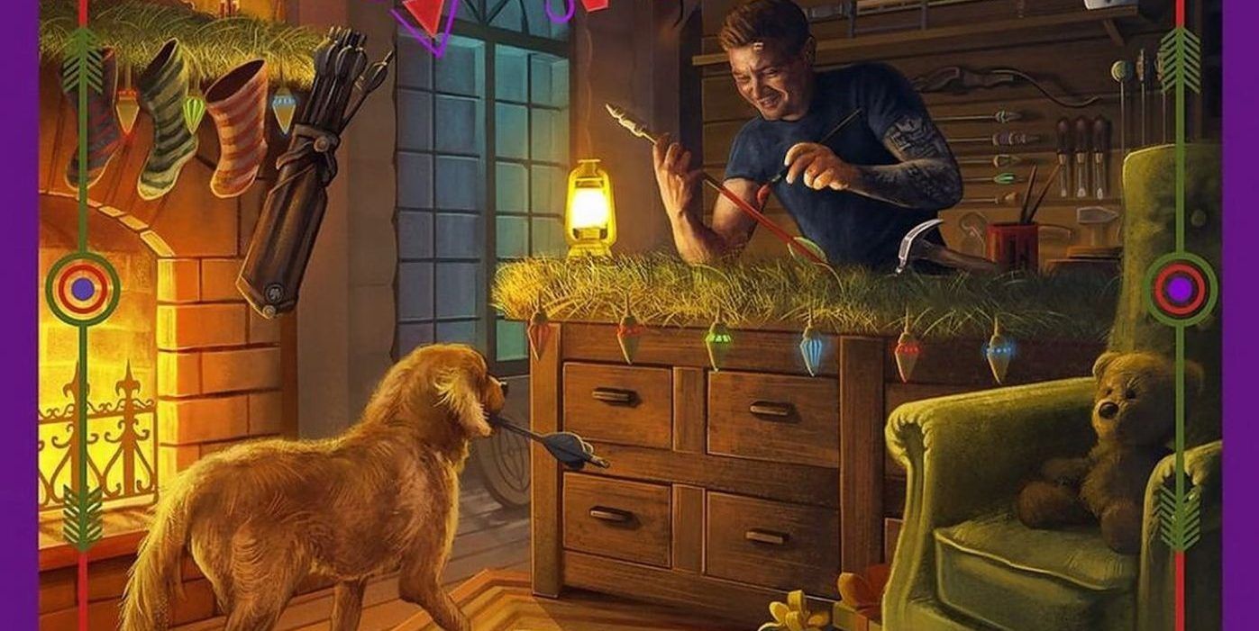 Tarjeta navideña de Hawkeye que muestra a Clint y Lucky Building Arrows en un taller