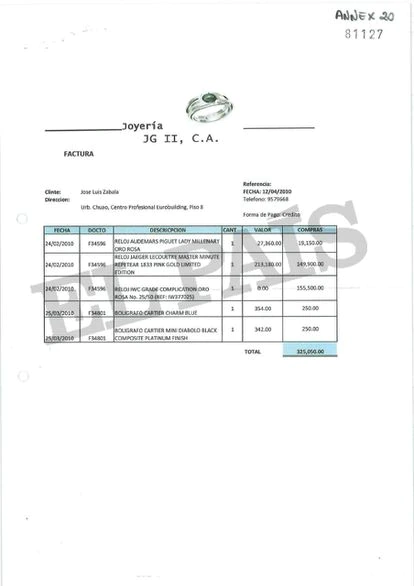 Factura de joyería abonada por el corredor de seguros venezolano José Luis Zabala.