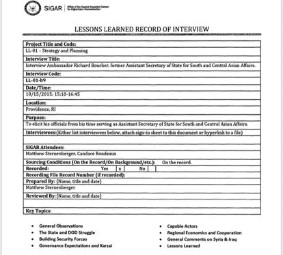 Una de los documentos de los Papeles de Afganistán, correspondiente a una entrevista con el embajador Richard Boucher.