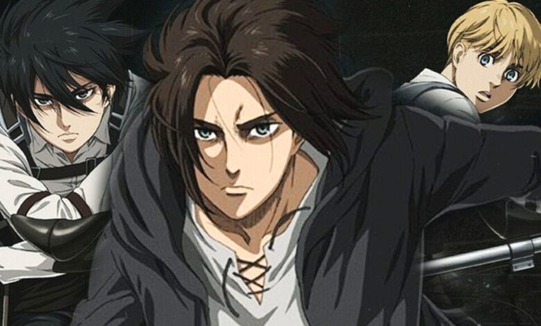 Arte de personajes de la temporada 4 de Attack on Titan: Eren, Mikasa y Armin se preparan para la batalla