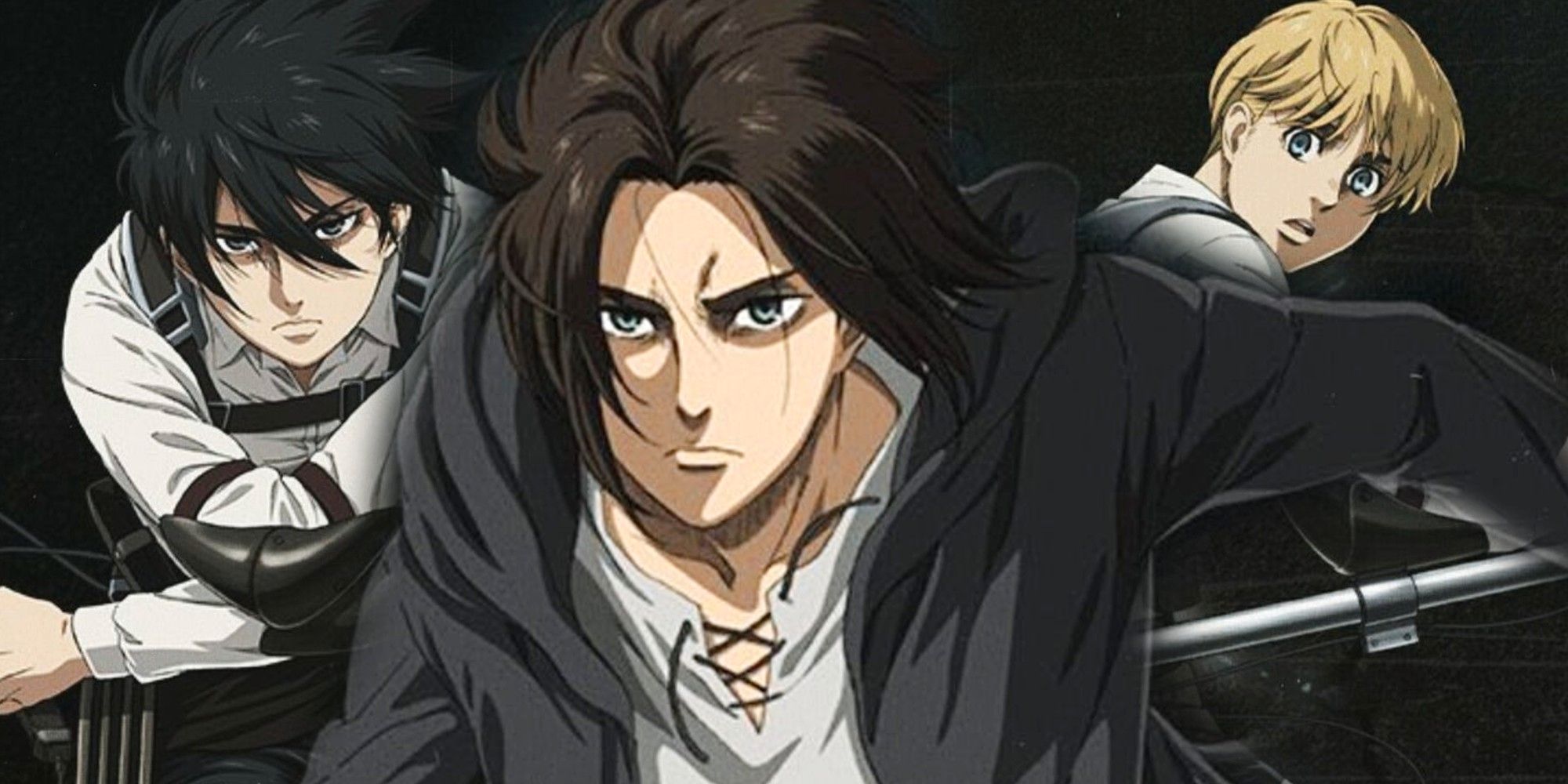 Arte de personajes de la temporada 4 de Attack on Titan: Eren, Mikasa y Armin se preparan para la batalla