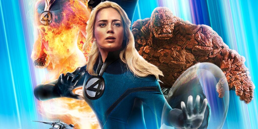 Arte del cartel de los 4 fantásticos de MCU: Emily Blunt y John Krasinski como Reed y Sue