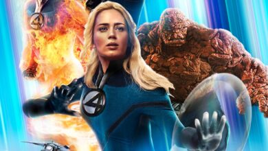 Arte del cartel de los 4 fantásticos de MCU: Emily Blunt y John Krasinski como Reed y Sue