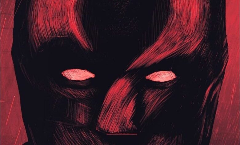 El póster de fan de Batman pinta el signo de interrogación de Riddler sobre el rostro de Bruce