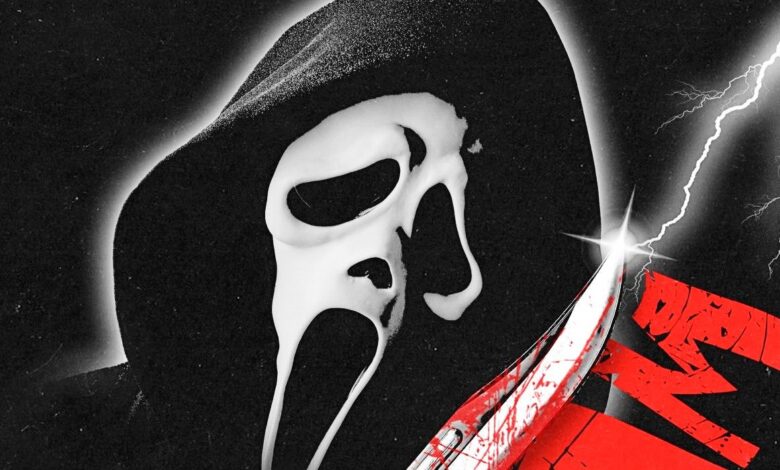 El póster retro de Scream muestra a Ghostface cortando aterrorizado a Sidney Prescott