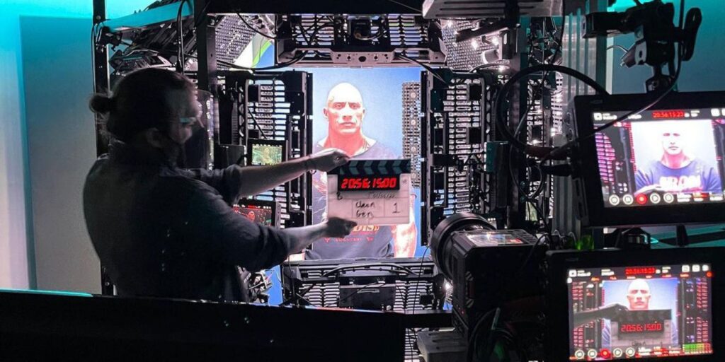 La imagen de Black Adam BTS muestra a Dwayne Johnson filmando tomas complejas de efectos visuales