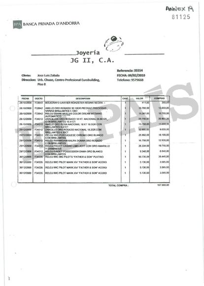 Factura de joyería abonada por el corredor de seguros venezolano José Luis Zabala.