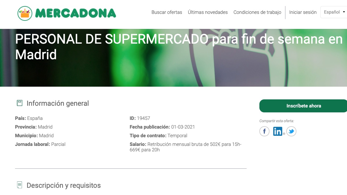 Mercadona oferta 182 puestos de trabajo con sueldos de hasta 1.800 euros