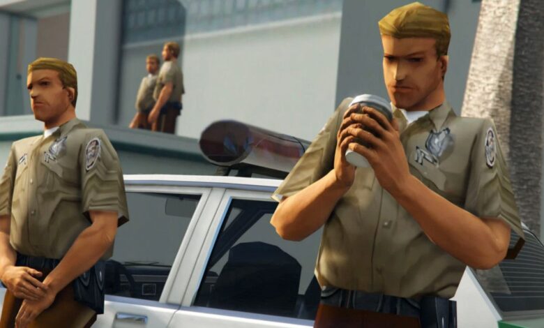 Misión de conducción de GTA Vice City Remaster interrumpida por un policía que se teletransporta
