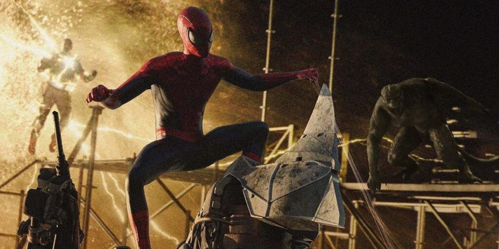 No Way Home Art imagina al hombre araña de Andrew Garfield luchando contra el rinoceronte