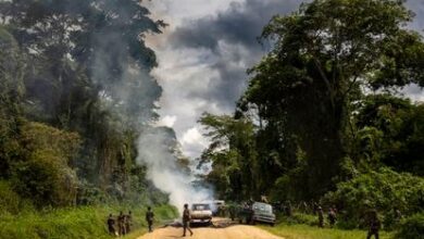 Soldados congoleños y cascos azules de la ONU, en un camino en el Congo el pasado abril.