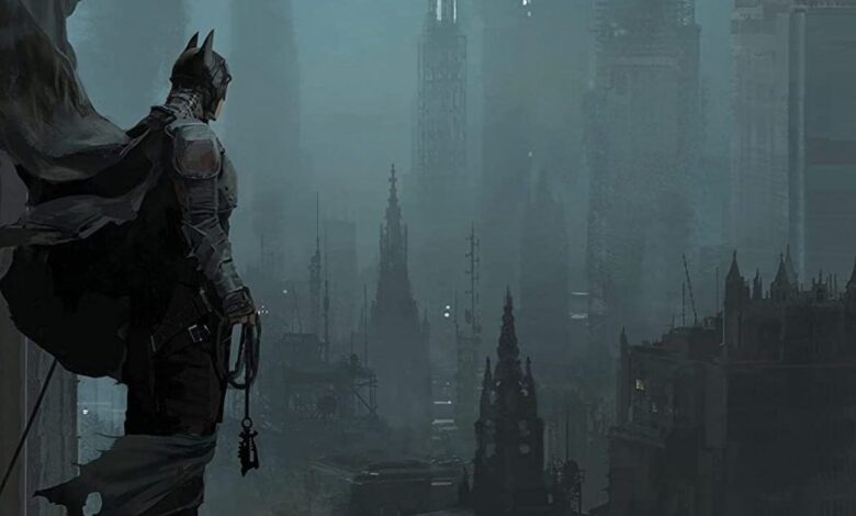 El arte conceptual de Batman muestra a Bruce elevándose sobre una ciudad Gritty Gotham