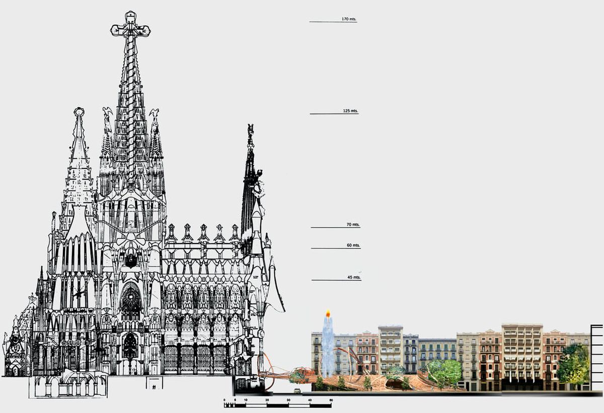 Un puente orgánico de hormigón traslúcido para acceder a la Sagrada Familia