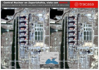 Dos imágenes de la central nuclear de Zaporiyia (Ucrania). A la izquierda, imagen de Sentinel-2. A la derecha, imagen de Sentinel-2 superresolucionada con la tecnología SENX4. Tracasa ofrece imágenes superresolucionadas de la zona de Ucrania.