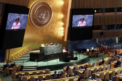 La embajadora de EE UU, Linda Thomas-Greenfield, se dirige este miércoles a la Asamblea General de la ONU.