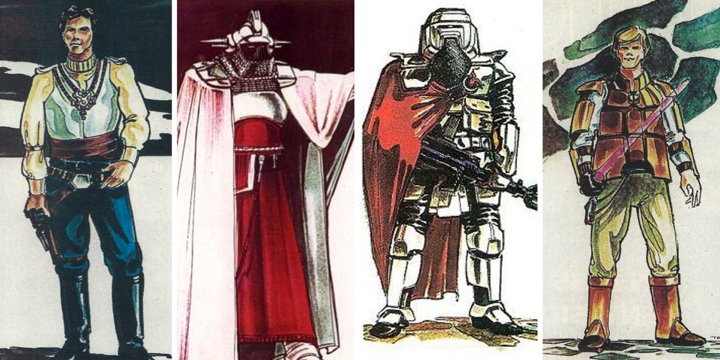 Diseños de Star Wars: The Epic Continues, incluidos Han, Luke y dos villanos.